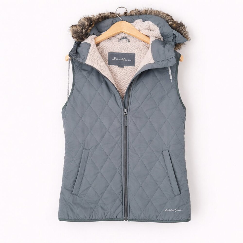 EDDIE BAUER | Sage Green Sherpa Lined Quilted Zipup Vest - Women's Small